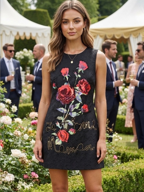 NJ Couture Dresses & Skirts - NJ Couture Floral Appliqued Black Shift Dress S